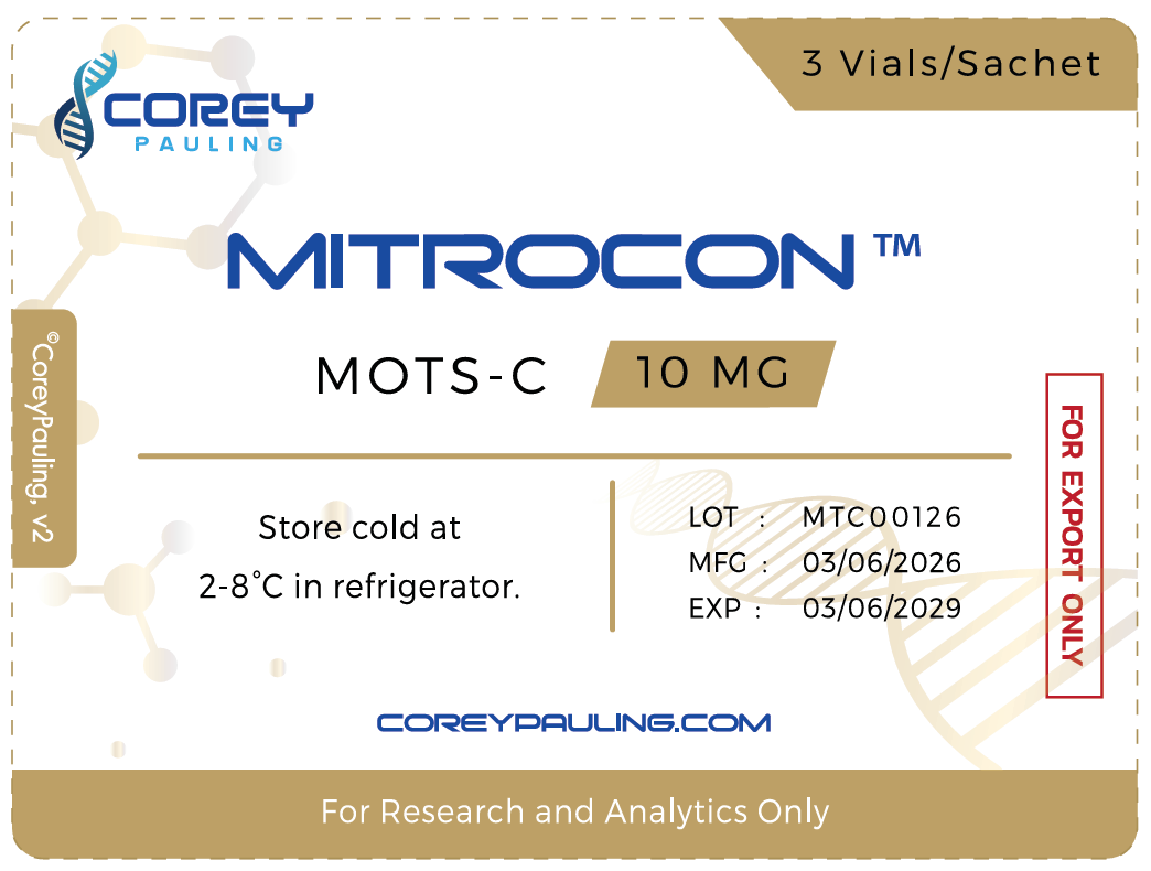 Mitrocon MOTS-c 10 mg sachet label, 3 vials per sachet
